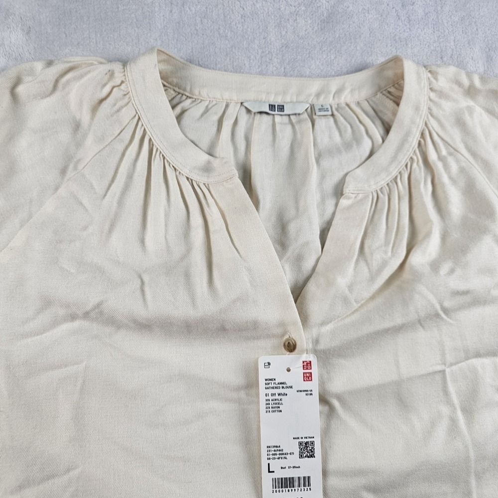 Uniqlo Soft Flannel Gathered Blouse Womens L Peasant Off White Cream Cottagecore - Picture 4 of 11